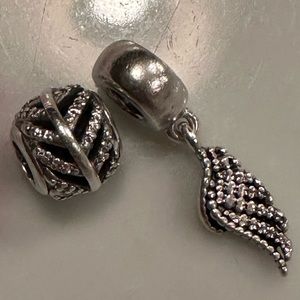2 Authentic Retired Pandora Sterling Silver Angel Feather Clear CZ Charms